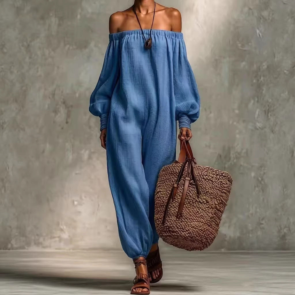 Summer Solid Colored Cotton Linen Off Shoulder Jumpsuit Harem Pants