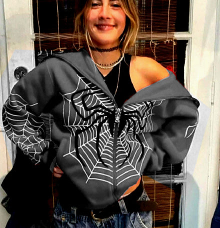 Spider Web Print Zip-Up Hoodie Streetwear Pullover
