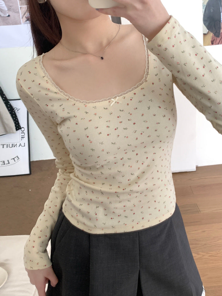 Floral Lace Long Sleeve Slim Crop Top