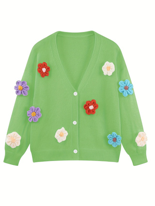 Ladies Colorful Flower Knit Cardigan Loose Long Sleeve Casual Layering Outerwear