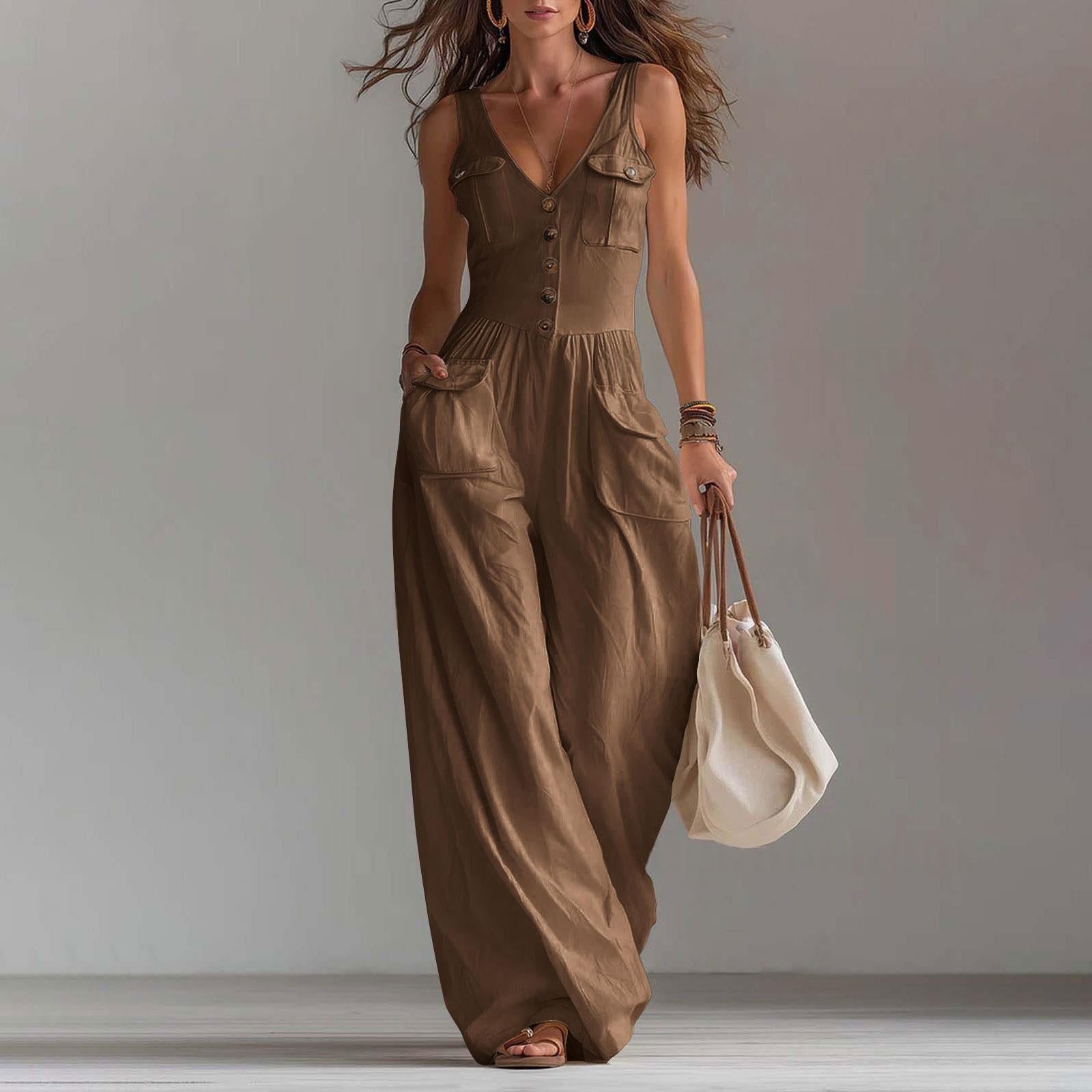 Casual Sleeveless Wide-Leg Jumpsuit with Pockets
