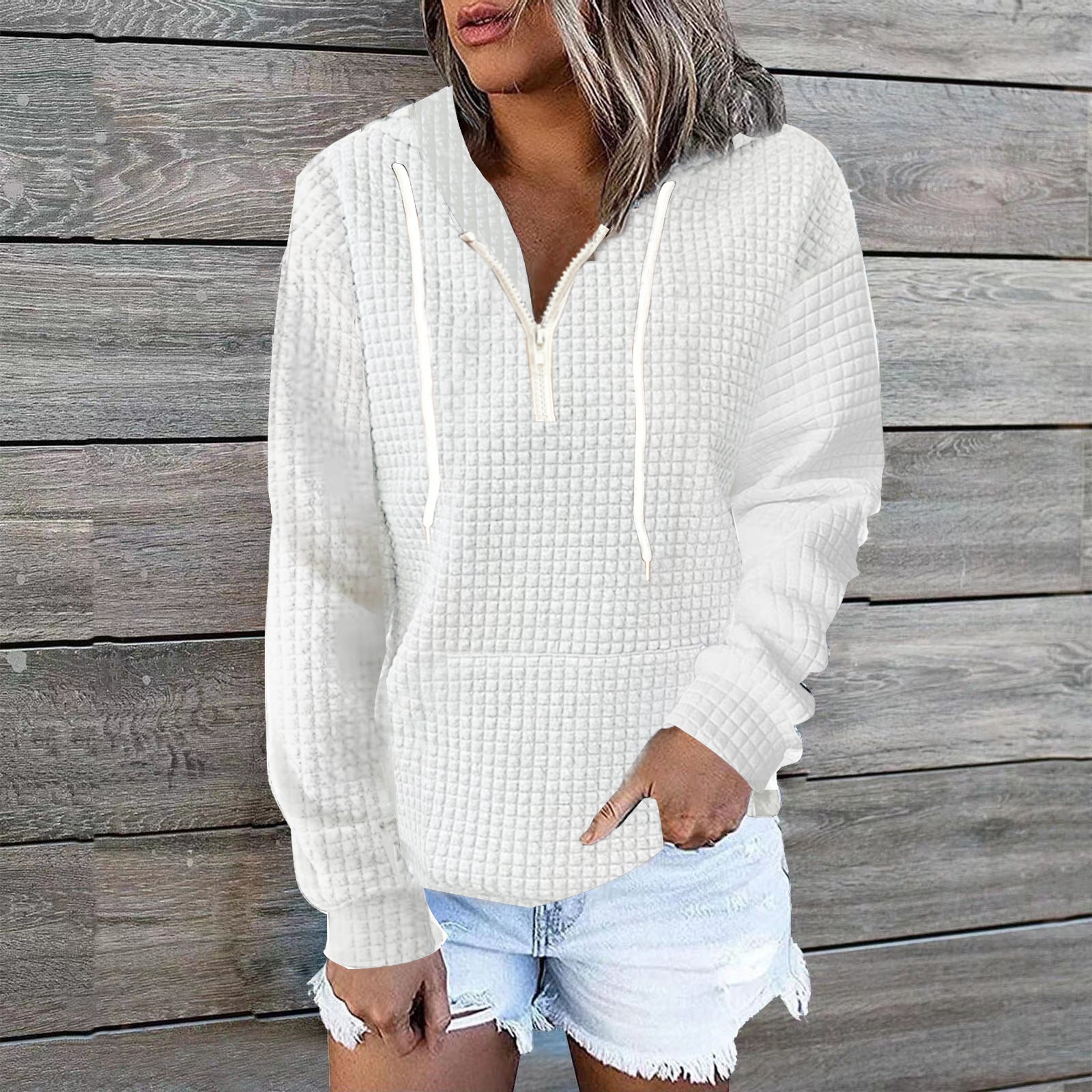 Women's Cozy Waffle Knit Hoodie Casual Sweatshirt Coat