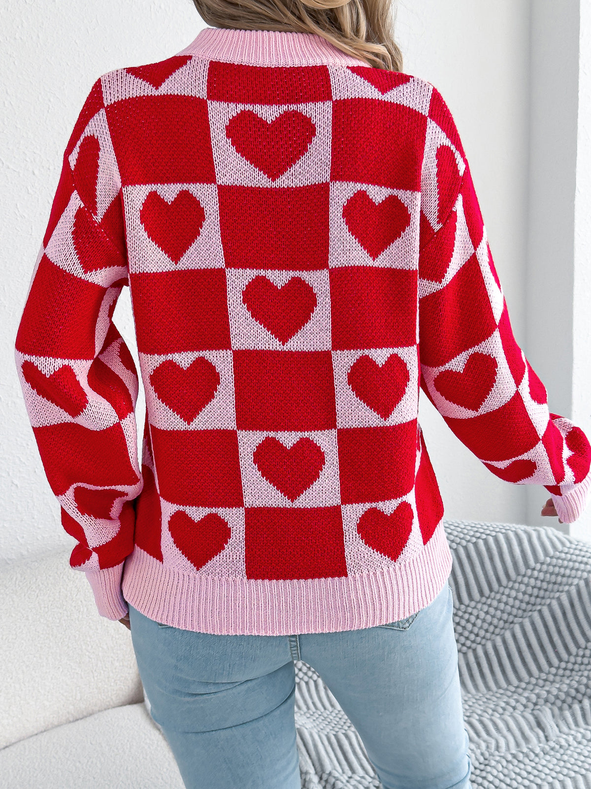 Women's Color-blocked Plaid Heart Lantern Sleeve Pullover Sweater for Valentine's Day