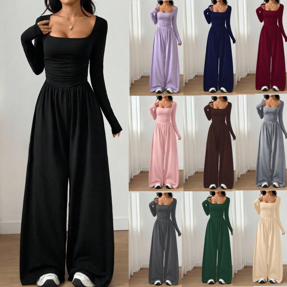 2026 Spring Fall Women's Casual Solid Color Square Neck Long Sleeve A-Line Jumpsuit Pleating Wide Leg Loose Mopping Jumpsuit