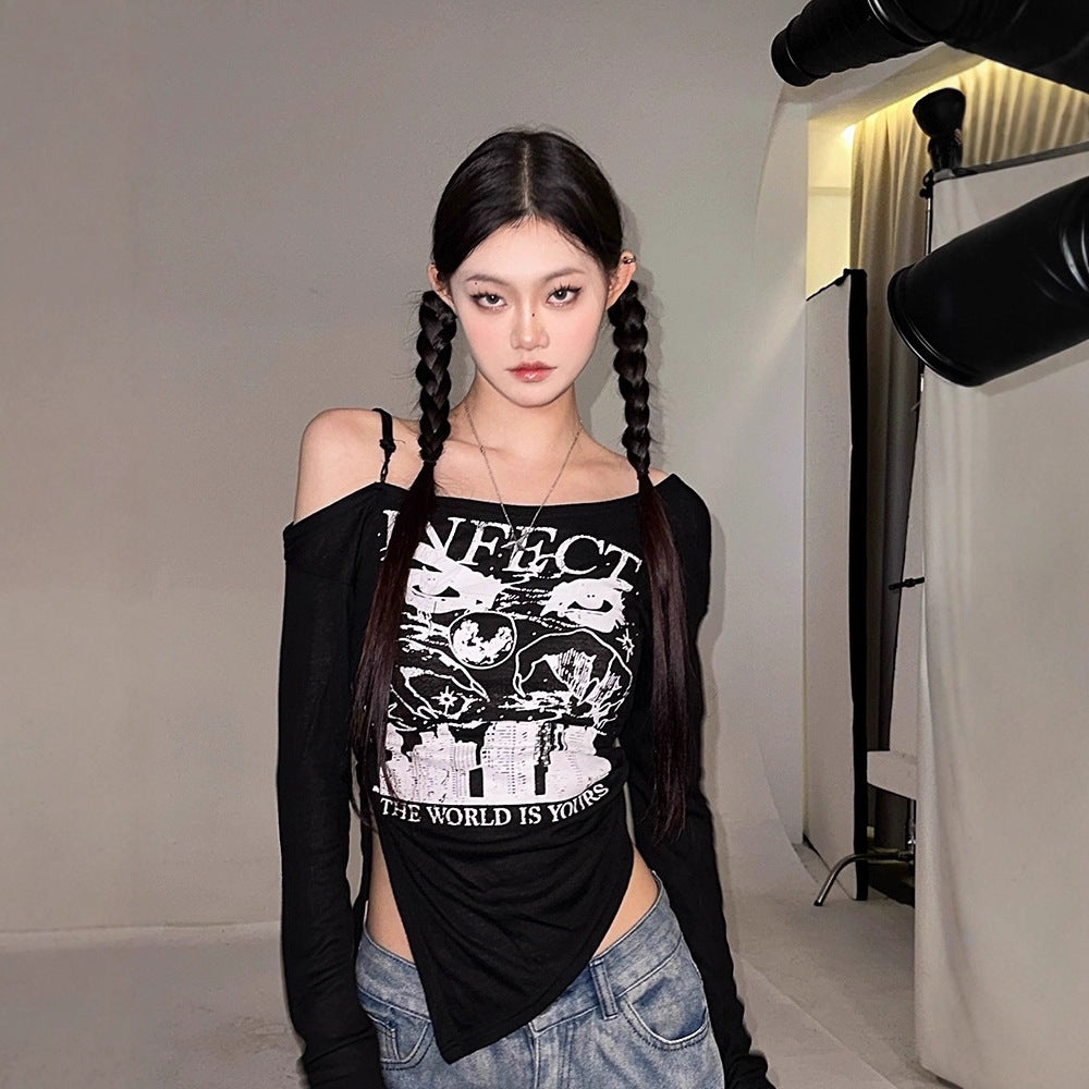 Retro Long‑Sleeve Tee – Slim Fit, Chic Letter Print