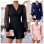 Chic Puff Sleeve Mesh Shorts Jumpsuit