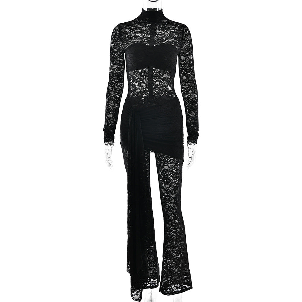 Sheer Lace Ribbon Slim Fit Jumpsuit