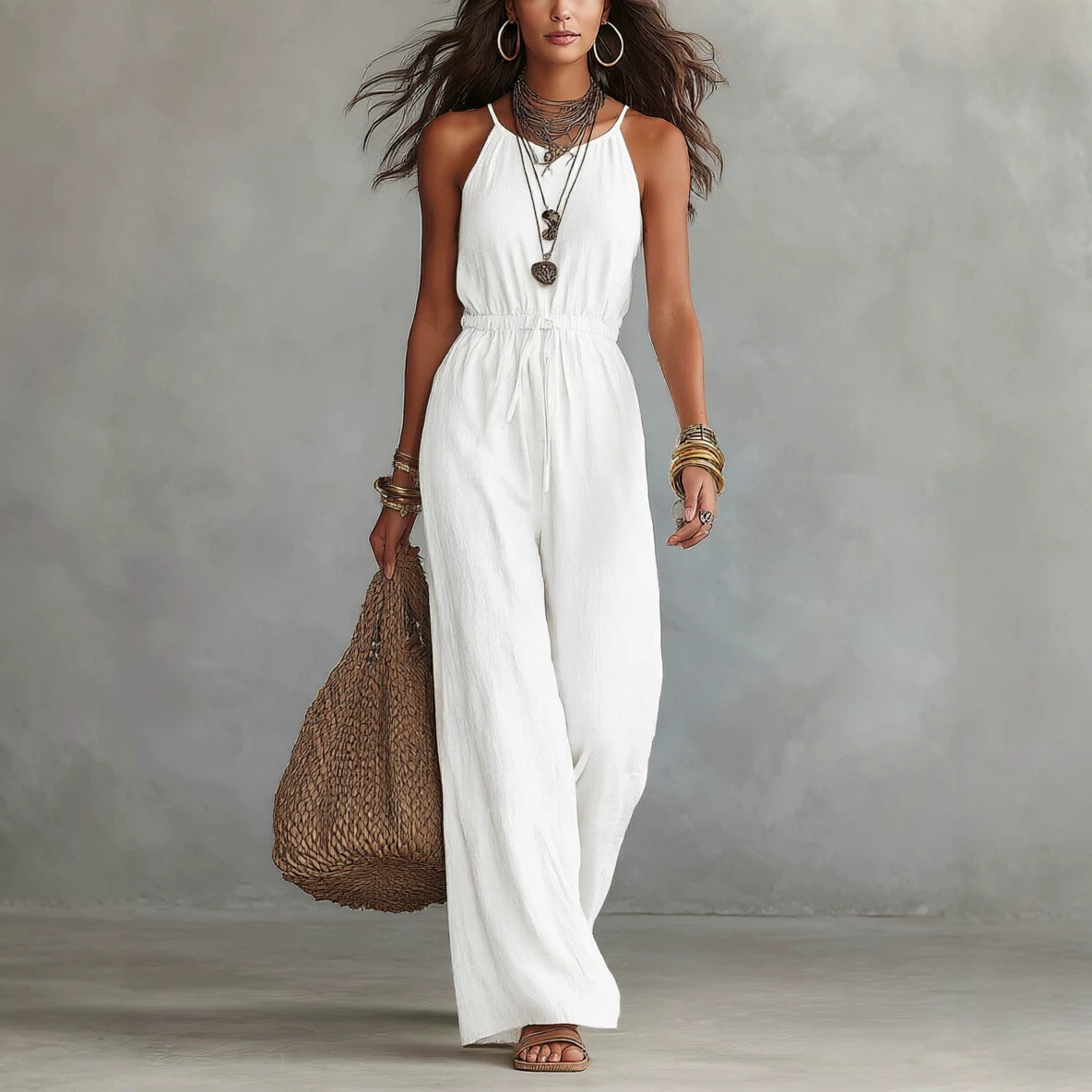 Womens Strap-style Loose-fit Wide-leg Casual Jumpsuit