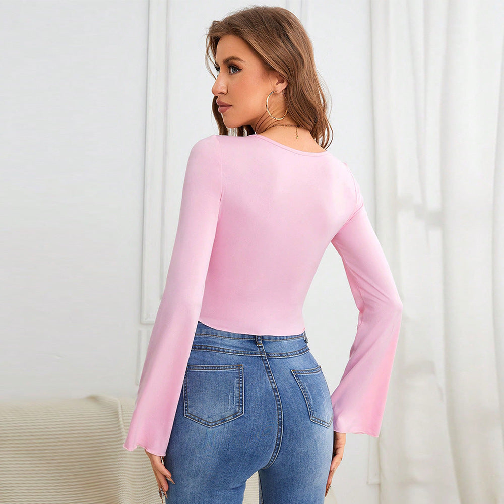 Slim Fit Heart Collar Long Sleeve Knit Top