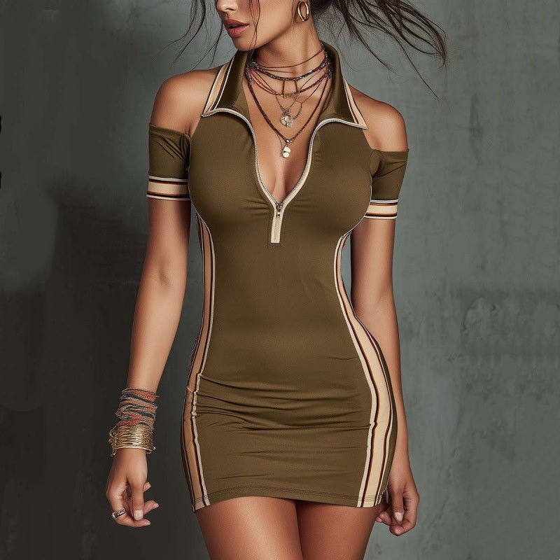 Womens Off-shoulder Stretchy Contrasting Striped Mini Dress