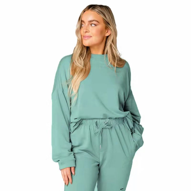 Women's Solid Ripped Pullover & Pants Casual Cotton Lounge Set
