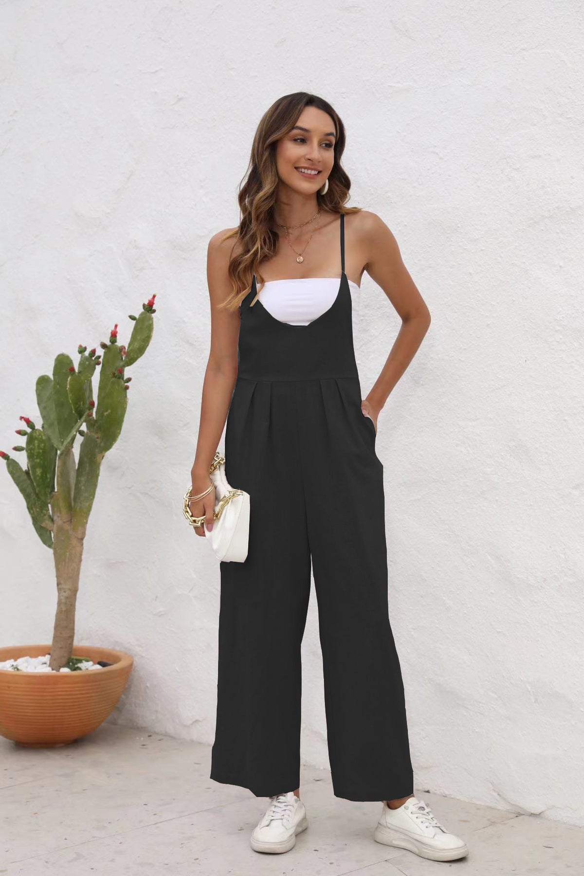 Women's Casual Cotton Linen Solid Sleeveless Jumpsuit