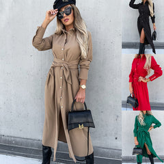 Women's Elegant Lapel Collar Long Sleeve Button Down Belted Shirt Dress, Casual Maxi Dresses with Slit for Office & Daily Wear