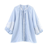 Stitching Lace Lantern Sleeve Round Neck Shirt