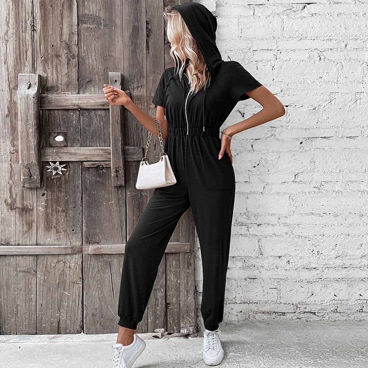 European And American-style Hooded Workwear Casual Jumpsuit