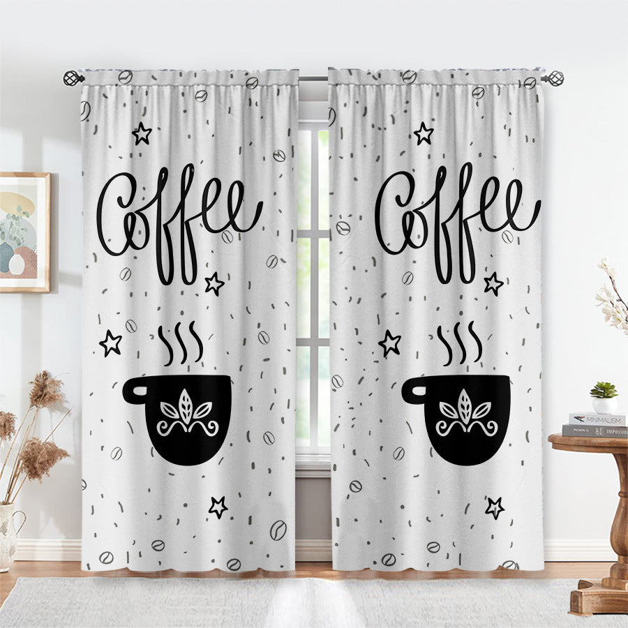 Black and White Cartoon Coffee Painting Digital Printing Curtain