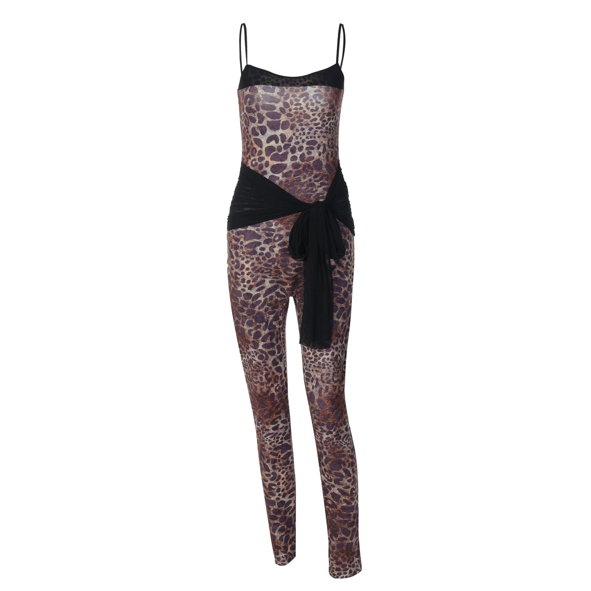 Leopard Print Lace-Up Mesh Slim Fit Jumpsuit