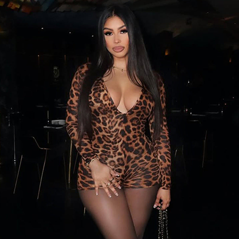 Leopard Print V-Neck Stretch Sexy Jumpsuit