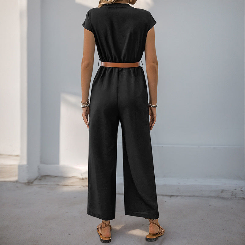 Casual Chic Waist-Cinched Short-Sleeve V-Neck Straight-Jump Suit For Women