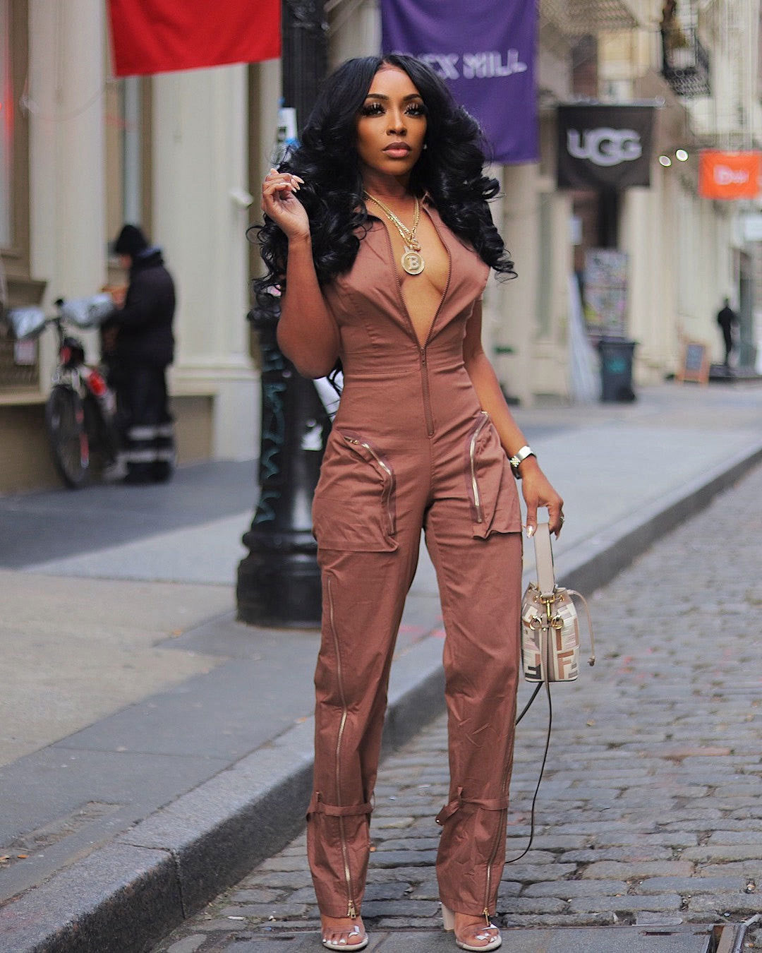 Summer Zipper Workwear With Pocket Jumpsuit