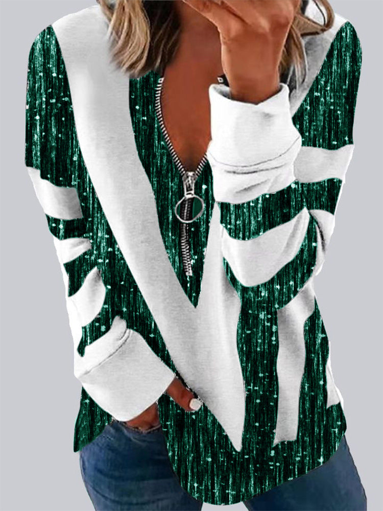 Women's Printed Long-Sleeve Loose Pullover Sweater