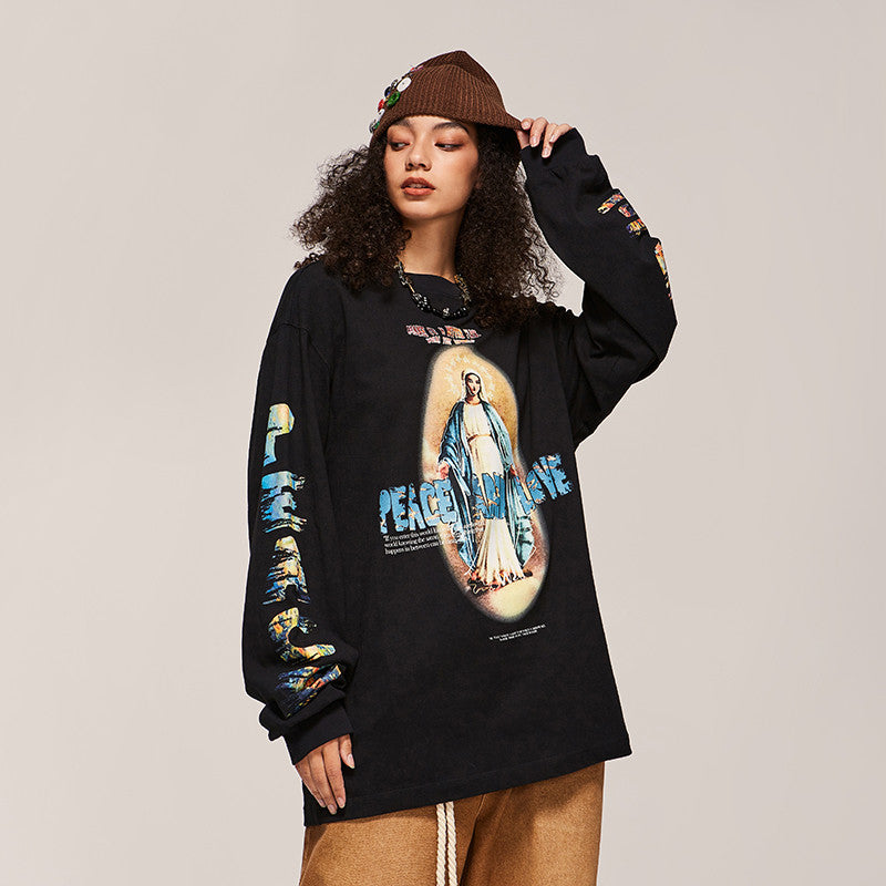 High Street Vintage Print Design Spring New Round Neck Sweater