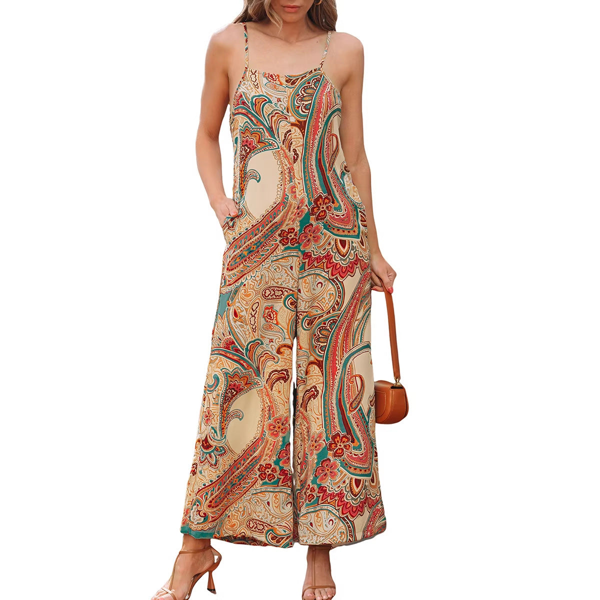 Ethnic Print High-Waisted Suspender Jumpsuit with Pockets