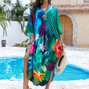 Printed Beach Cover-up Hand-knitted V-neck Plus-size Dress