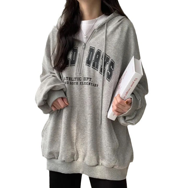 Youth Zipper Letter Sweater Casual Hoodie