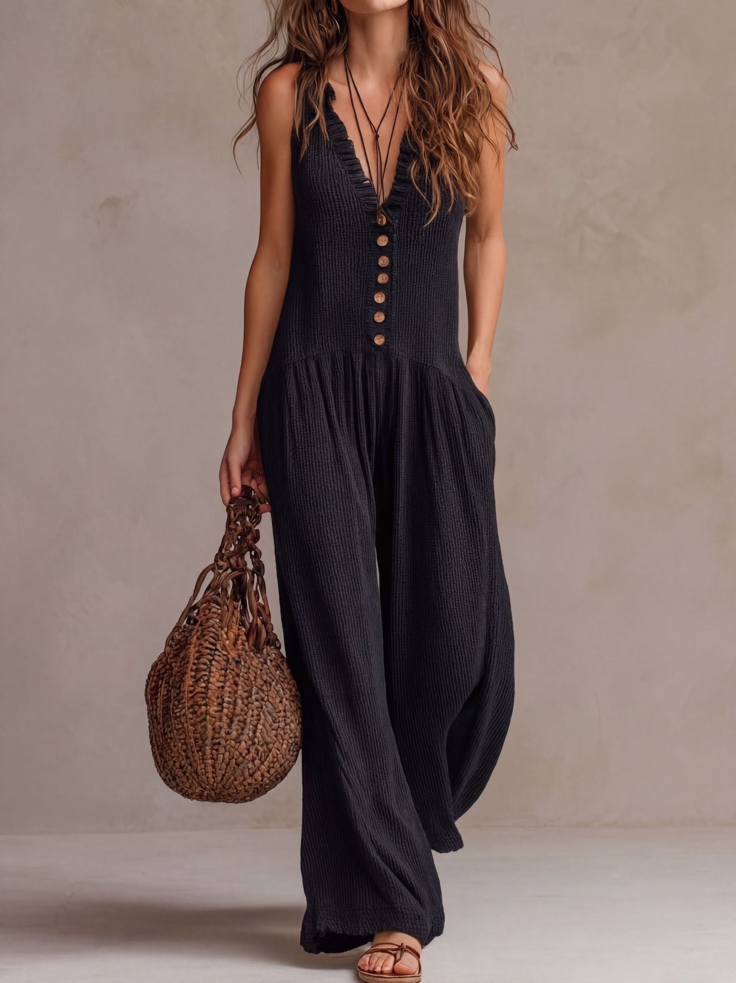Women's Loose V-Neck Sleeveless Wide-Leg Jumpsuit