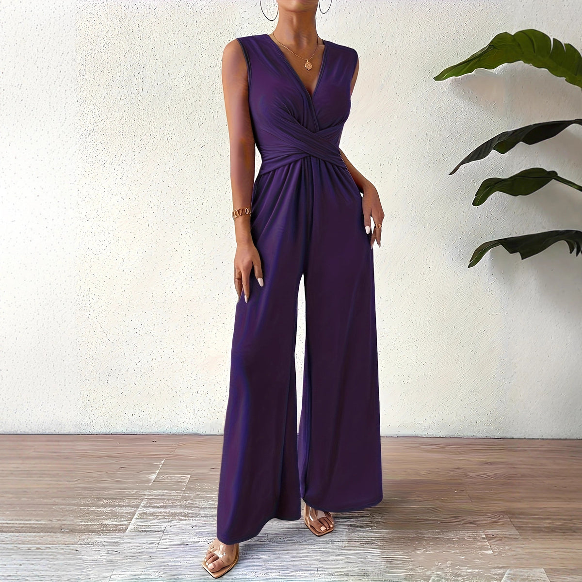 Elegant V-Neck Cross-Tie Waist Sleeveless Jumpsuit