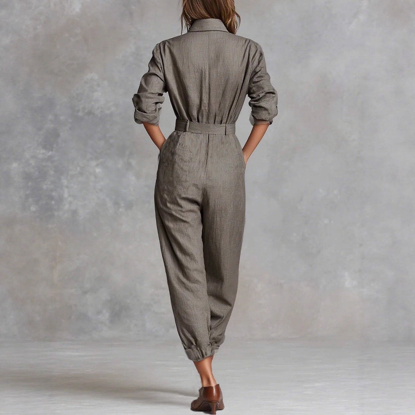 Chic Cotton-Linen Long-Sleeve Lapel Jumpsuit