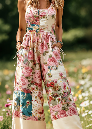 Women's American Retro Print Strappy Wide-Leg Jumpsuit