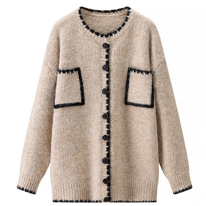 Retro Color-block Cardigan Sweater with Pockets