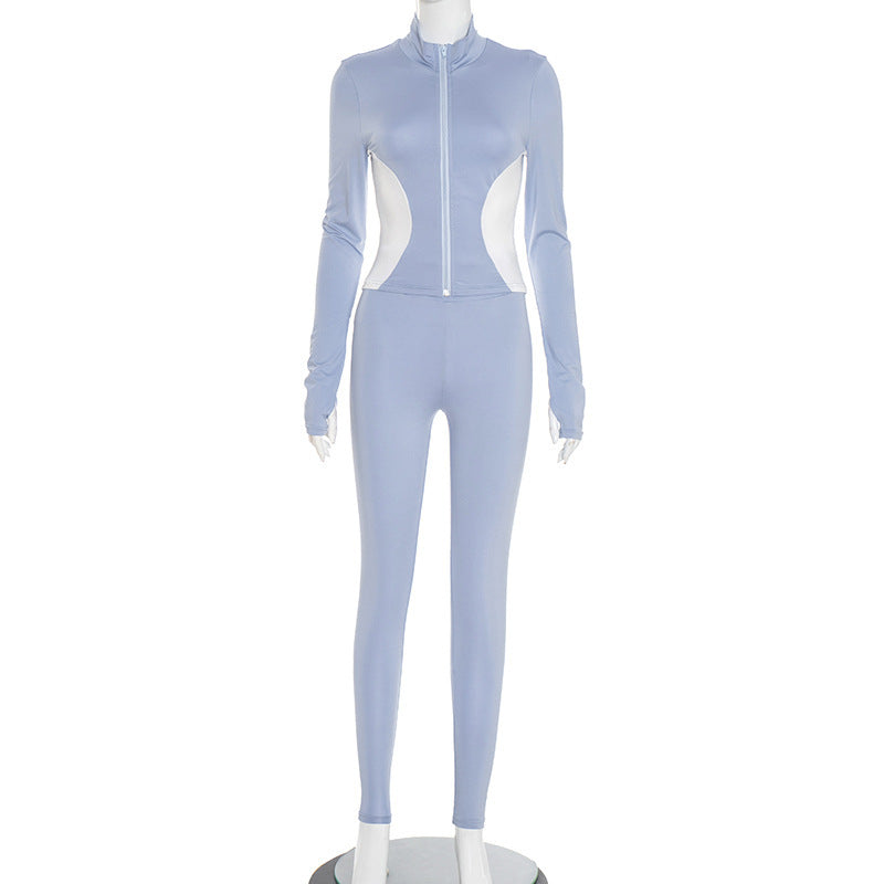 Color-Block Tight-Fit Long-Sleeve Casual Lounge Set