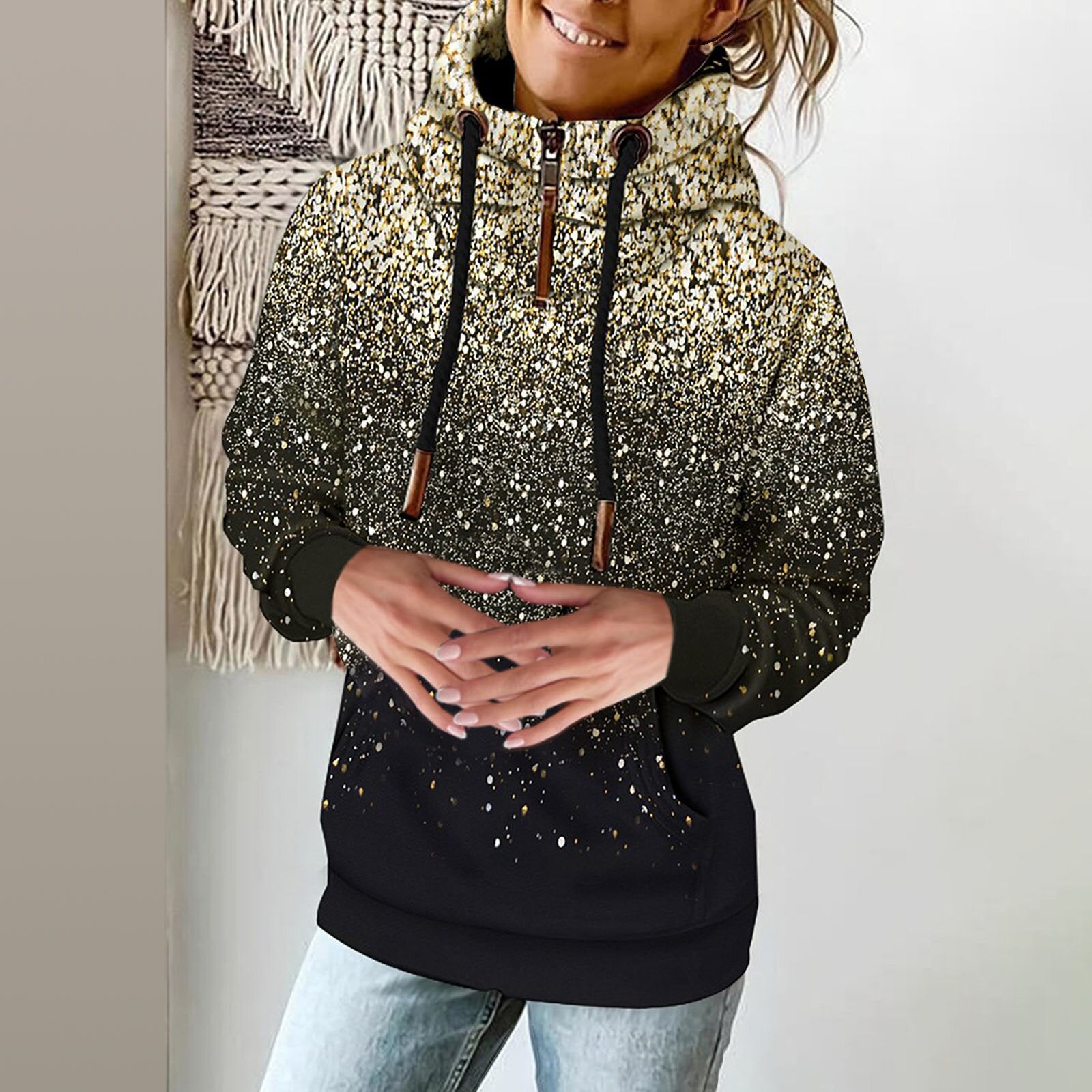 Women's Printed High Neck Fleece Pullover Sweater
