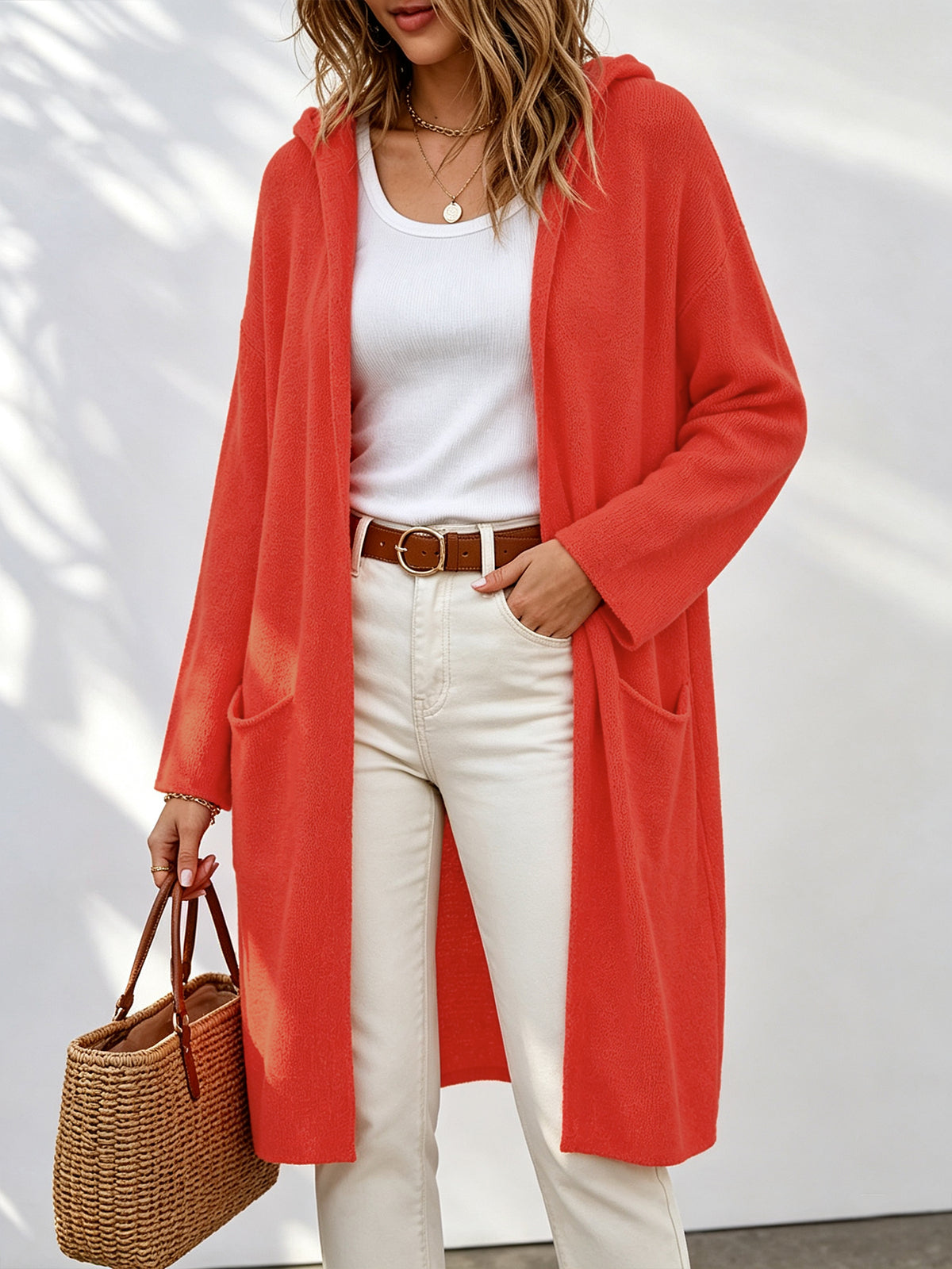 Spring Fall Daily Hooded Long Cardigan, Ladies Oversized Open Front Knit Coat Acrylic Fabric