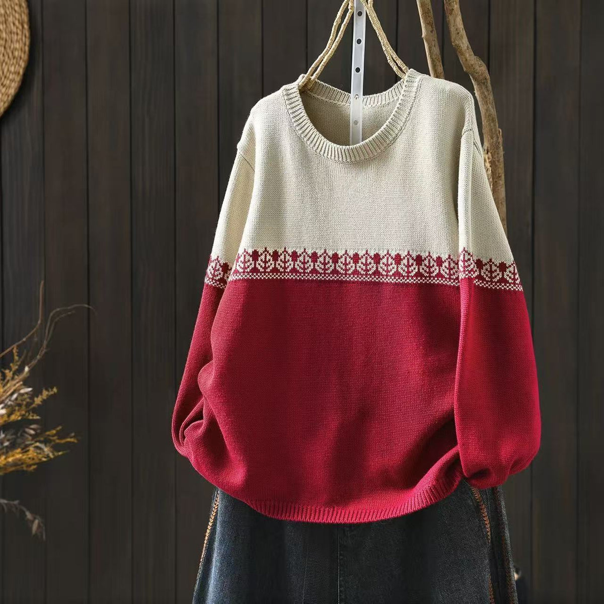 Crew-neck Preppy-style Cotton Knit Sweater Loose and Casual