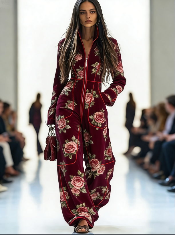 Zippered Long-Sleeve Casual Wide-Leg Jumpsuit
