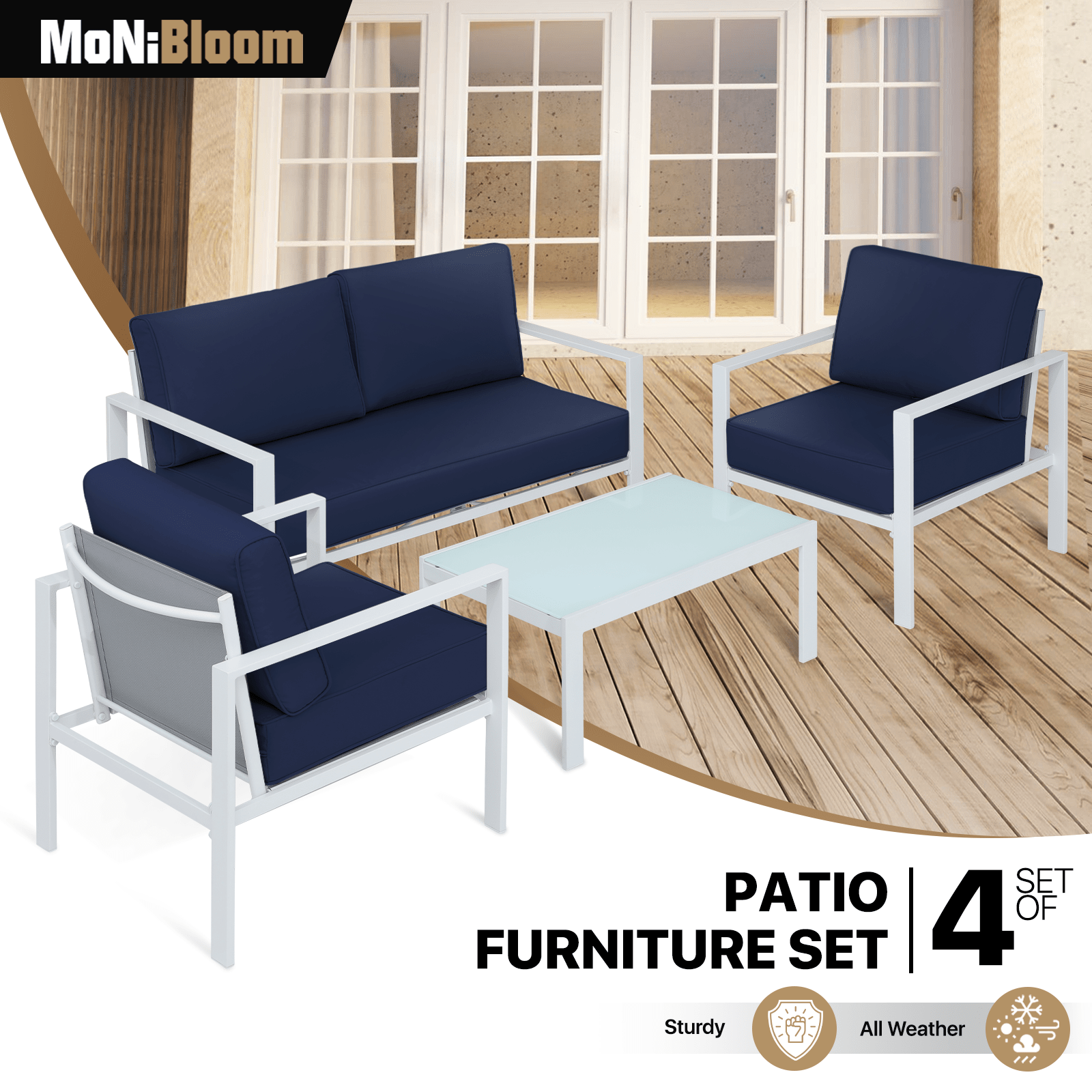 MoNiBloom 4 Pieces Outdoor Patio Furniture, All Weather Conversation Set with Tempered Glass Coffee Table for Garden Backyard Porch Balcony Poolside Deck Lawn, Loveseat and Chairs with Thick Cushions