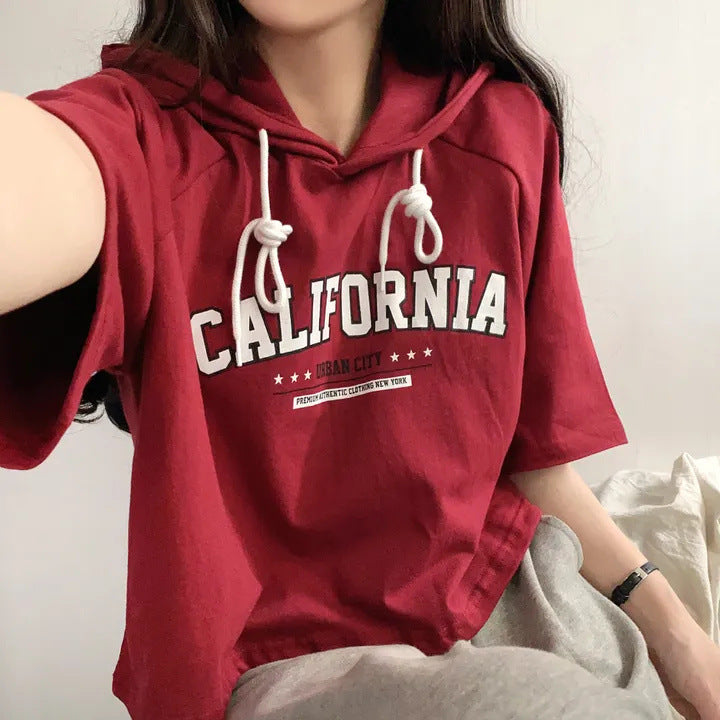 Casual Letter Print Short Sleeve Hooded Tee