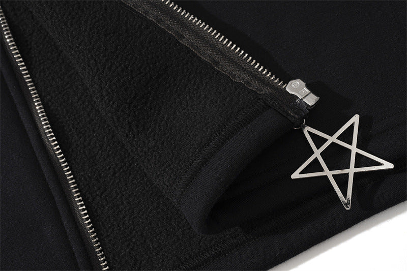 Retro Fleece Zip Hoodie with Drawstring & Pockets