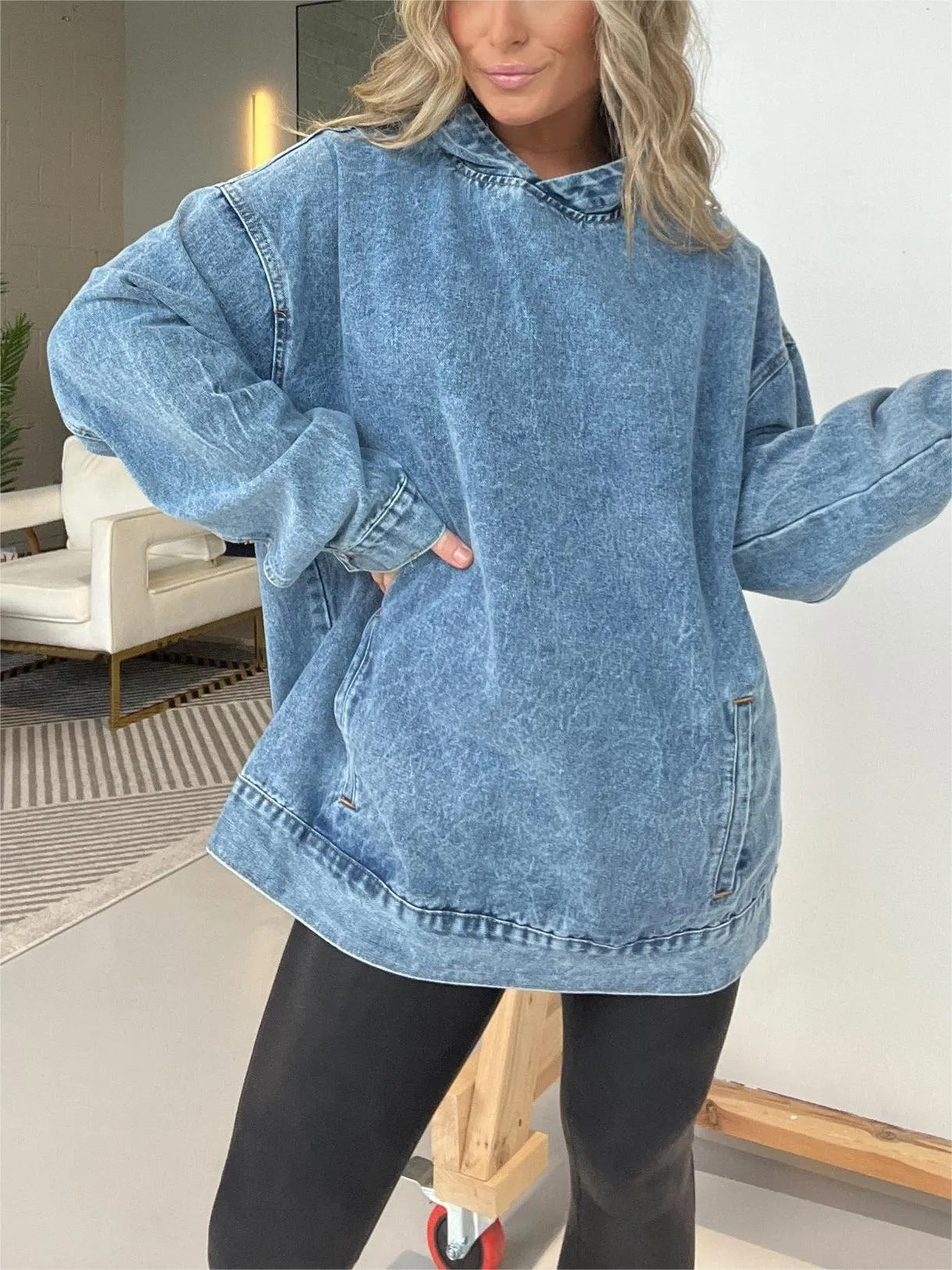 Women's Loose Hooded Denim Pullover Streetwear Hoodie