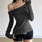 Oblique Shoulder Stripes Lightweight Slim-fit Long Sleeve Casual Top
