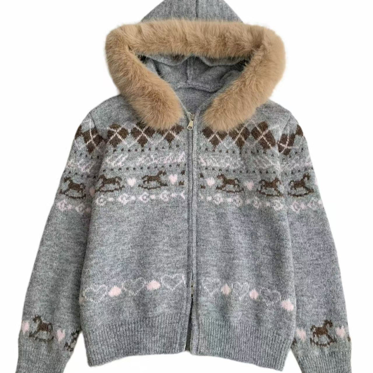 Womens Hooded Sweater Coat with Fur Collar