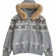 Womens Hooded Sweater Coat with Fur Collar