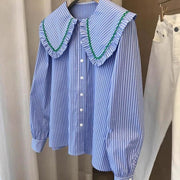 Contrast-color Doll-collar Striped Shirt Women's Top