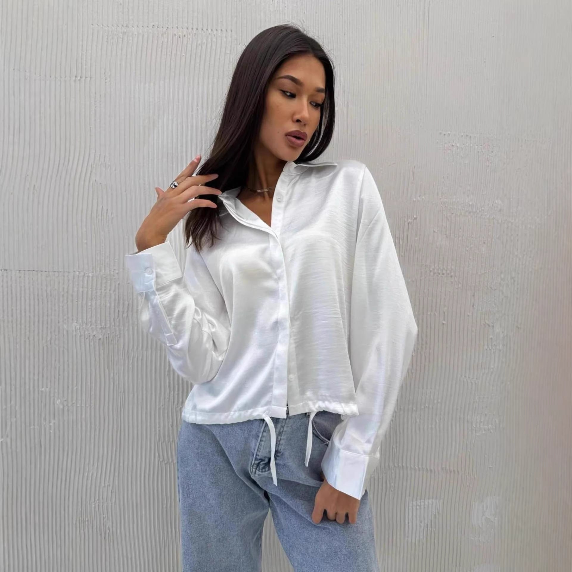 Casual Solid-Color Drawstring Hem Long-Sleeve Shirt Womens Short Top
