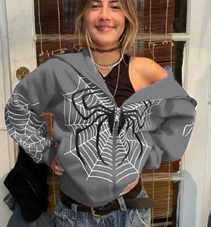 Spider Web Print Zip-Up Hoodie Streetwear Pullover