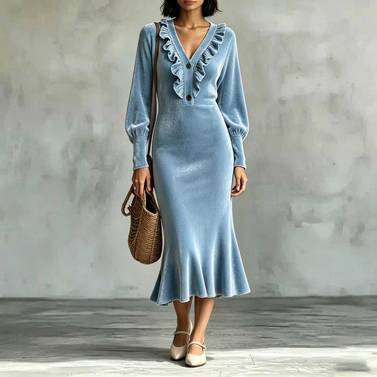 Velvet V-Neck Ruffled Slim Fishtail Dress